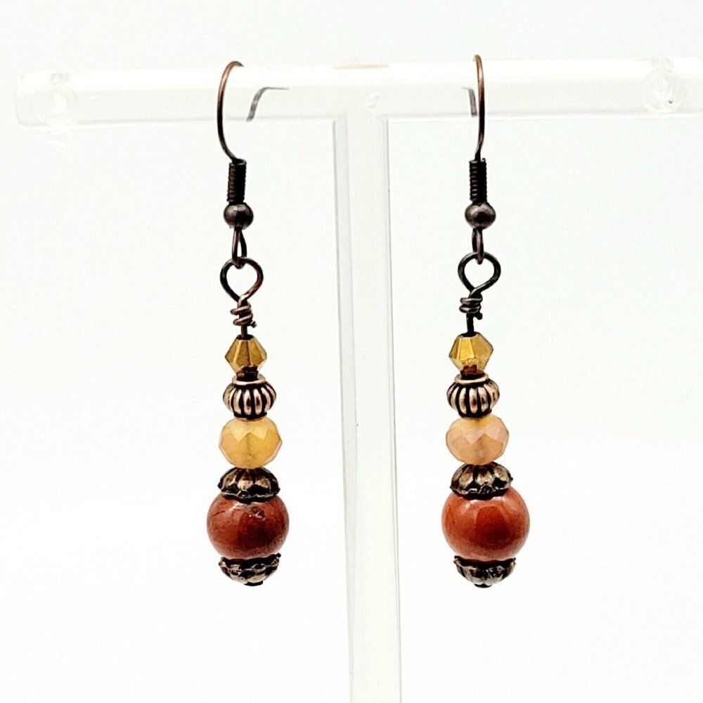 Artisan Handmade Red Jasper Beaded Earrings Antique Copper Drop Dangle Casual